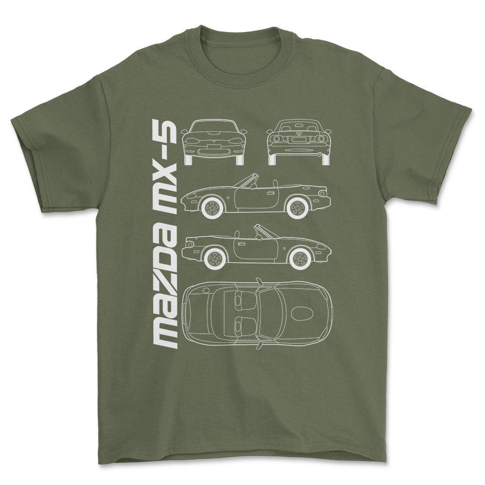 Mazda Mx-5 (Nb) Unisex T-Shirt , Bomuld-Beklædning-Mazda-Grøn Militær-S-Forside-Garage Culture Shop- garage - man cave - merchandise
