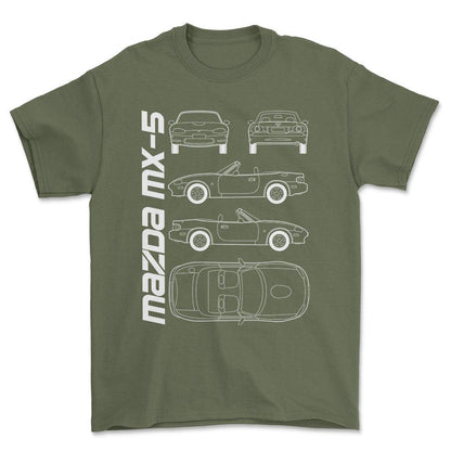 Mazda Mx-5 (Nb) Unisex T-Shirt , Bomuld-Beklædning-Mazda-Grøn Militær-S-Forside-Garage Culture Shop- garage - man cave - merchandise