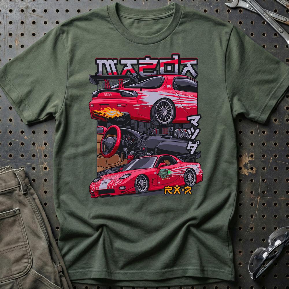 Mazda RX7 Fast And Furios Cars T-Shirt-Beklædning-Mazda-Grøn Militær-S-Garage Culture Shop- garage - man cave - merchandise
