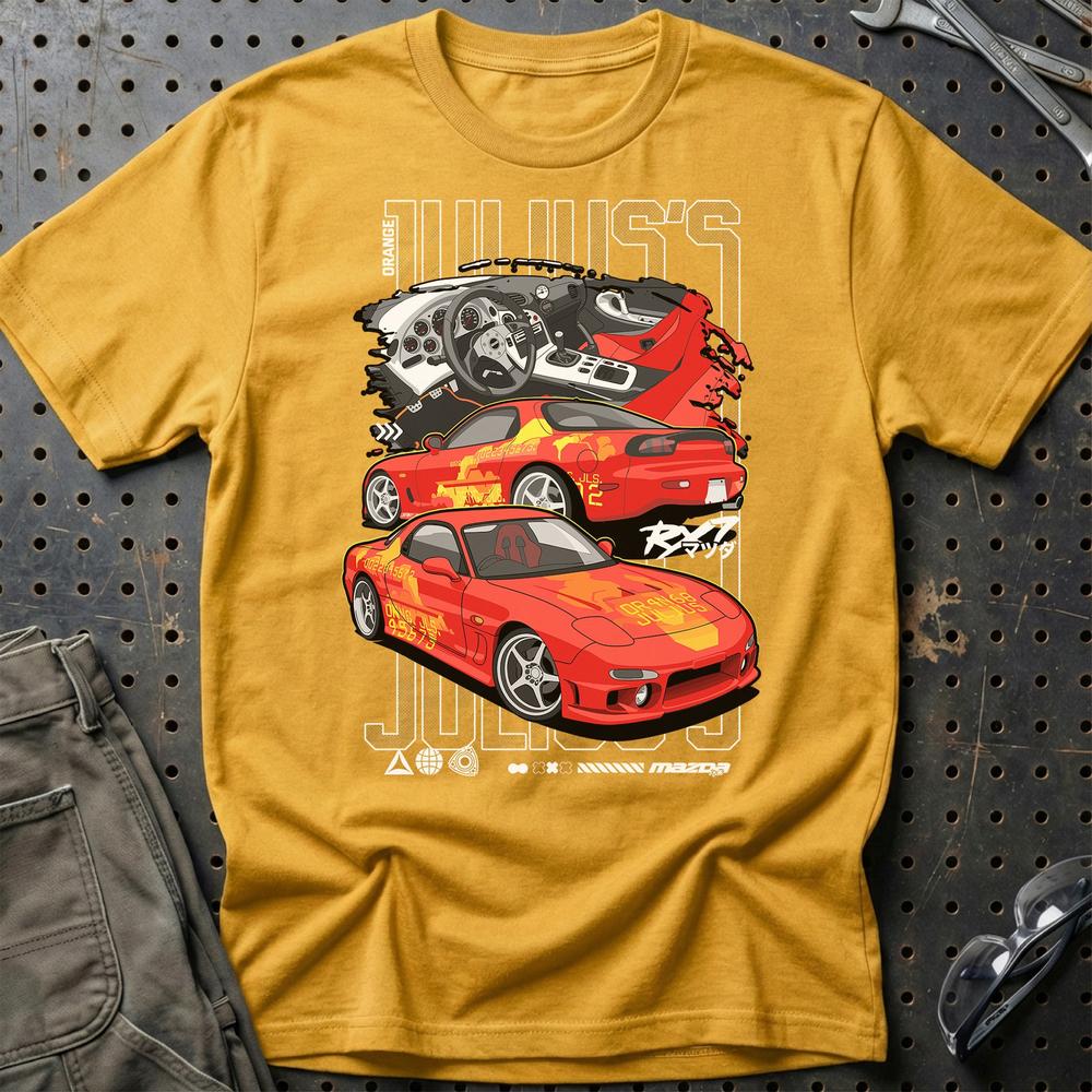 Mazda RX7 Julius Fast And Furios Cars T-Shirt-Beklædning-Mazda-Guld-S-Garage Culture Shop- garage - man cave - merchandise