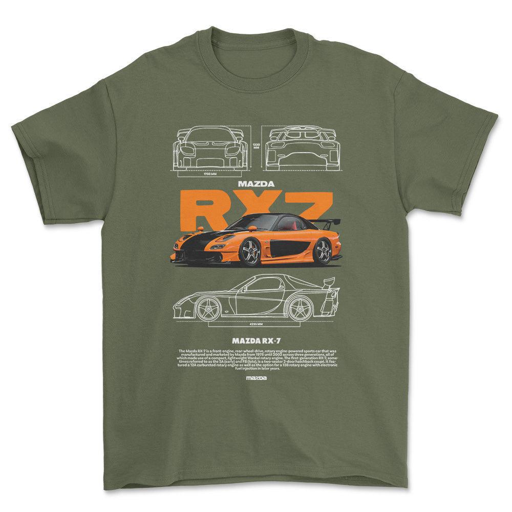 Mazda RX7 - Unisex T-Shirt , Bomuld-Beklædning-Mazda-Grøn Militær-S-Forside-Garage Culture Shop- garage - man cave - merchandise