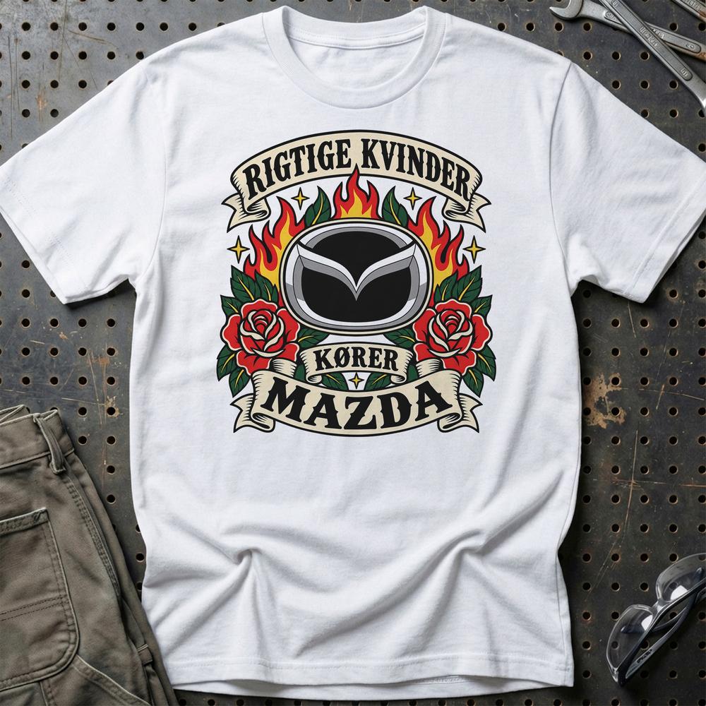 Mazda Rigtige Kvinder Kører – Roser og Flammer T-Shirt-Beklædning-Mazda-Hvid-S-Garage Culture Shop- garage - man cave - merchandise