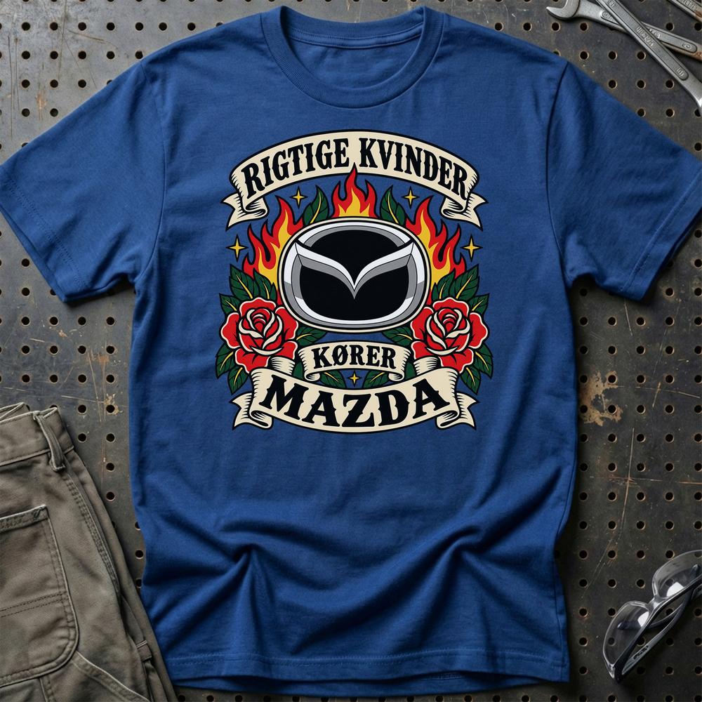 Mazda Rigtige Kvinder Kører – Roser og Flammer T-Shirt-Beklædning-Mazda-Blå Royal-S-Garage Culture Shop- garage - man cave - merchandise