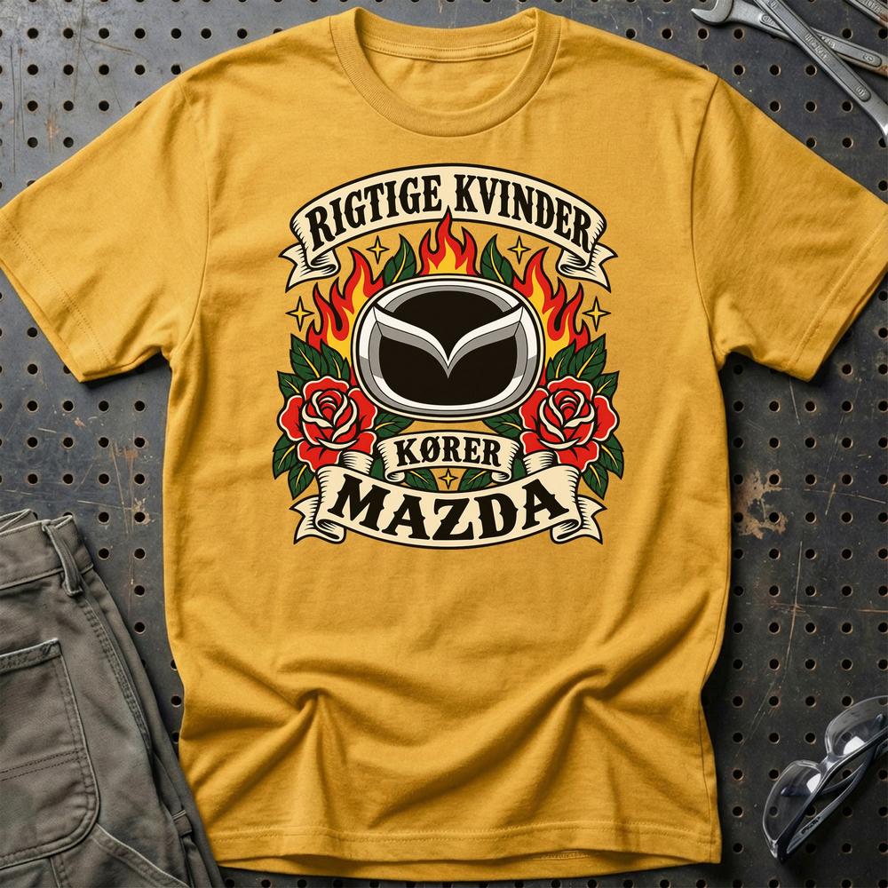 Mazda Rigtige Kvinder Kører – Roser og Flammer T-Shirt-Beklædning-Mazda-Guld-S-Garage Culture Shop- garage - man cave - merchandise