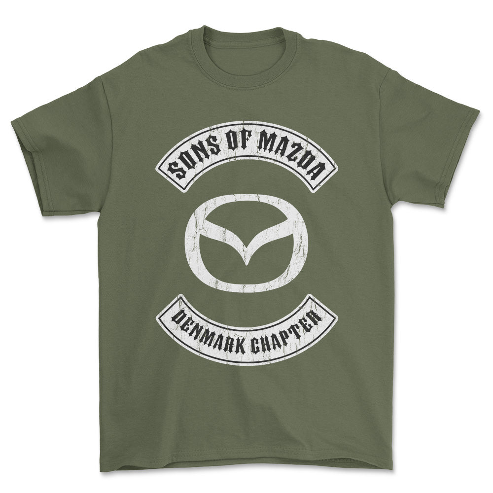 Mazda Sons Of Mazda Denmark Chapter Unisex T-Shirt , Bomuld-Beklædning-Mazda-Grøn Militær-S-Forside-Garage Culture Shop- garage - man cave - merchandise