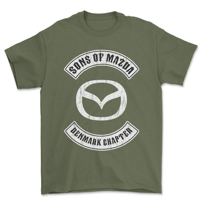Mazda Sons Of Mazda Denmark Chapter Unisex T-Shirt , Bomuld-Beklædning-Mazda-Grøn Militær-S-Forside-Garage Culture Shop- garage - man cave - merchandise