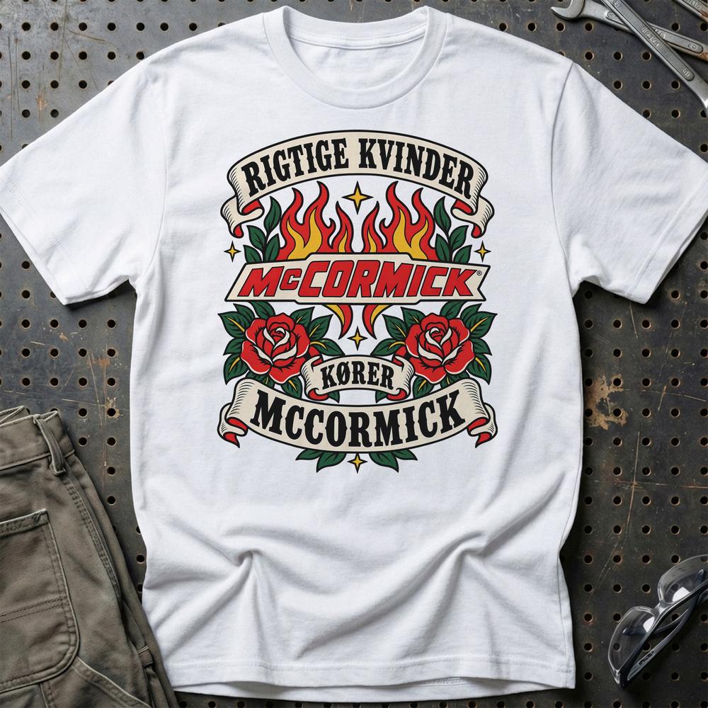 McCormick Rigtige Kvinder Kører – Roser og Flammer T-Shirt-Beklædning-McCormick-Hvid-S-Garage Culture Shop- garage - man cave - merchandise