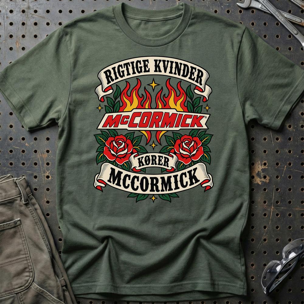 McCormick Rigtige Kvinder Kører – Roser og Flammer T-Shirt-Beklædning-McCormick-Grøn Militær-S-Garage Culture Shop- garage - man cave - merchandise