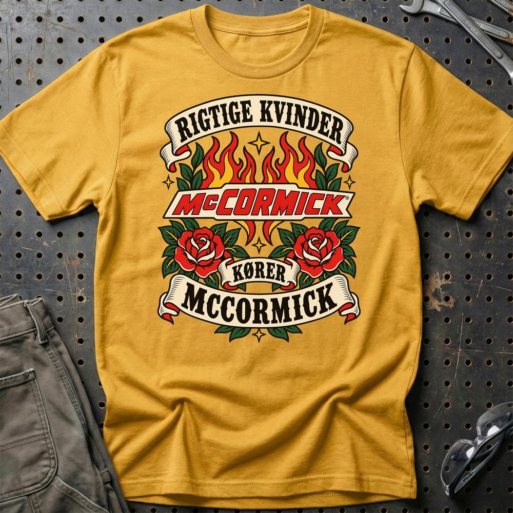 McCormick Rigtige Kvinder Kører – Roser og Flammer T-Shirt-Beklædning-McCormick-Guld-S-Garage Culture Shop- garage - man cave - merchandise