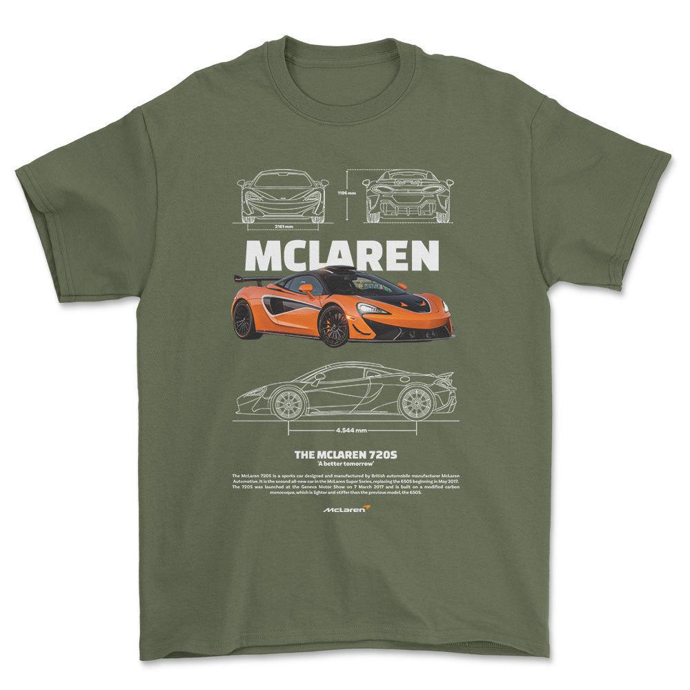 McLaren 720S - Unisex T-Shirt , Bomuld-Beklædning-McLaren-Grøn Militær-S-Forside-Garage Culture Shop- garage - man cave - merchandise