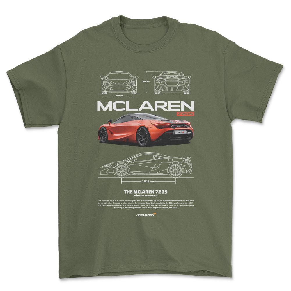 McLaren 720S - Unisex T-Shirt , Bomuld-Beklædning-McLaren-Grøn Militær-S-Forside-Garage Culture Shop- garage - man cave - merchandise