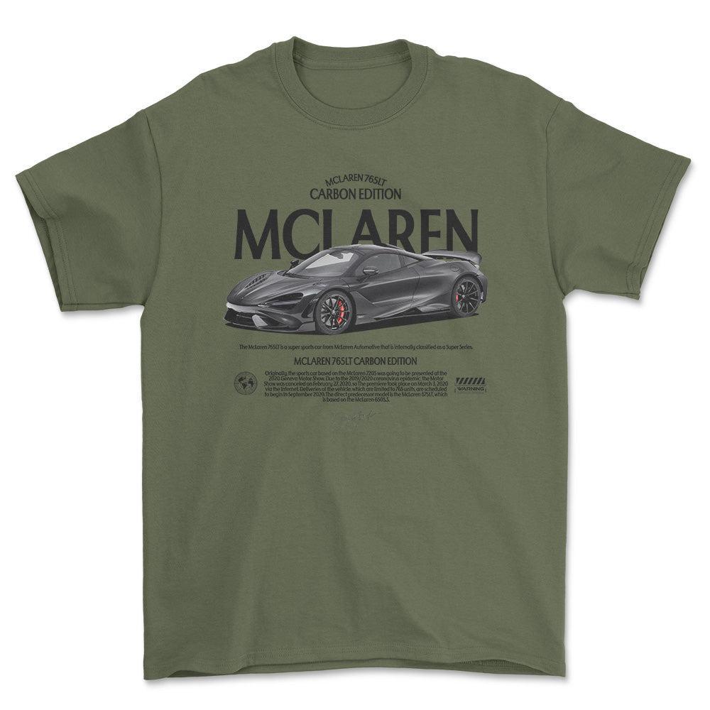 McLaren 765LT - Unisex T-Shirt , Bomuld-Beklædning-McLaren-Grøn Militær-S-Forside-Garage Culture Shop- garage - man cave - merchandise