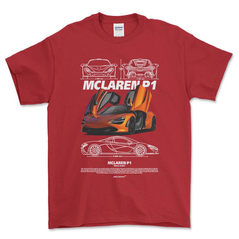 McLaren P1 - Unisex T-Shirt , Bomuld-Beklædning-McLaren-Rød-S-Forside-Garage Culture Shop- garage - man cave - merchandise