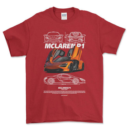 McLaren P1 - Unisex T-Shirt , Bomuld-Beklædning-McLaren-Rød-S-Forside-Garage Culture Shop- garage - man cave - merchandise