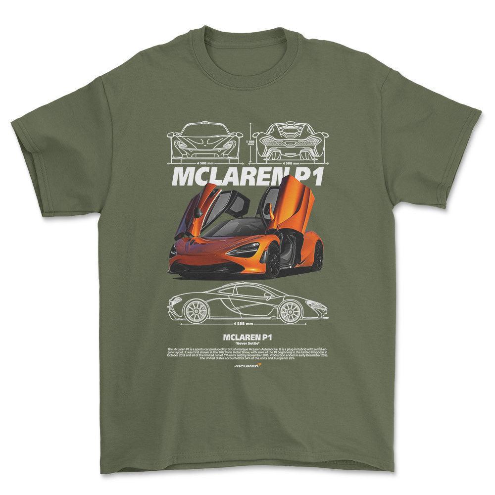 McLaren P1 - Unisex T-Shirt , Bomuld-Beklædning-McLaren-Grøn Militær-S-Forside-Garage Culture Shop- garage - man cave - merchandise