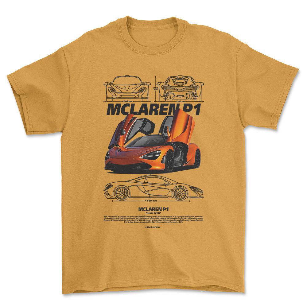 McLaren P1 - Unisex T-Shirt , Bomuld-Beklædning-McLaren-Guld-S-Forside-Garage Culture Shop- garage - man cave - merchandise