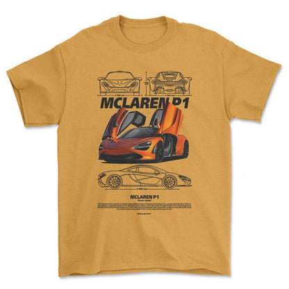 McLaren P1 - Unisex T-Shirt , Bomuld-Beklædning-McLaren-Guld-S-Forside-Garage Culture Shop- garage - man cave - merchandise