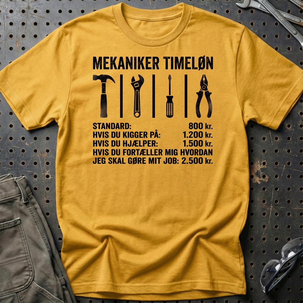 Mekaniker Timeløn - Unisex T-Shirt , Bomuld-Beklædning-Garage Culture-Guld-S-Garage Culture Shop- garage - man cave - merchandise