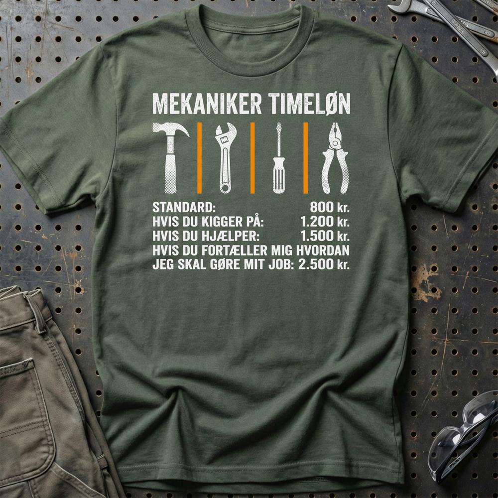 Mekaniker Timeløn - Unisex T-Shirt , Bomuld-Beklædning-Garage Culture-Grøn Militær-S-Garage Culture Shop- garage - man cave - merchandise