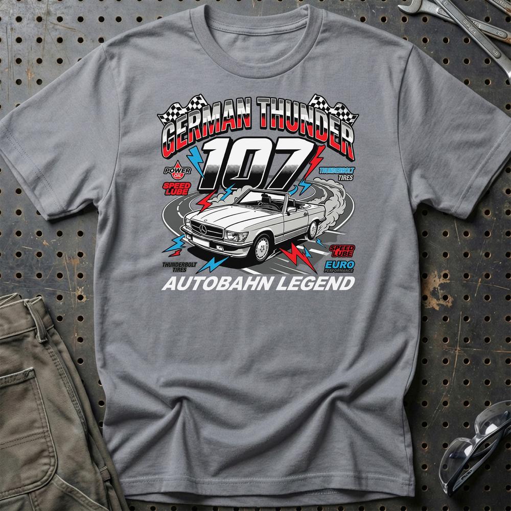 Mercedes 107 German Thunder Autobahn Legend T-Shirt-Beklædning-Mercedes-Grå Sport-S-Garage Culture Shop- garage - man cave - merchandise