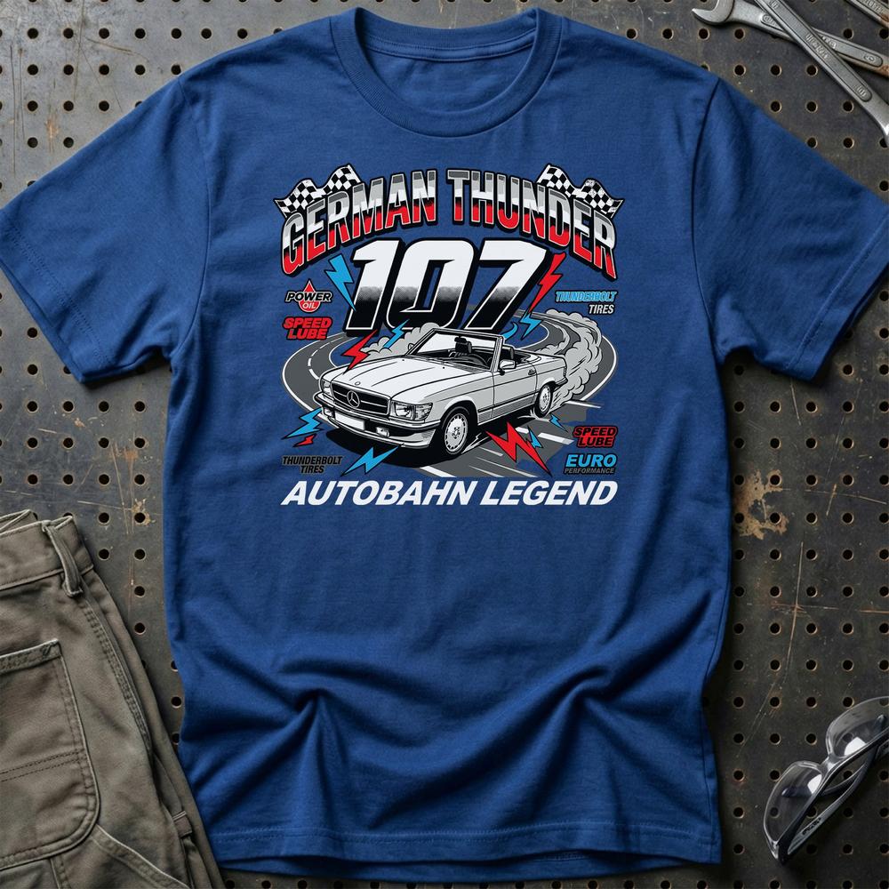 Mercedes 107 German Thunder Autobahn Legend T-Shirt-Beklædning-Mercedes-Blå Royal-S-Garage Culture Shop- garage - man cave - merchandise
