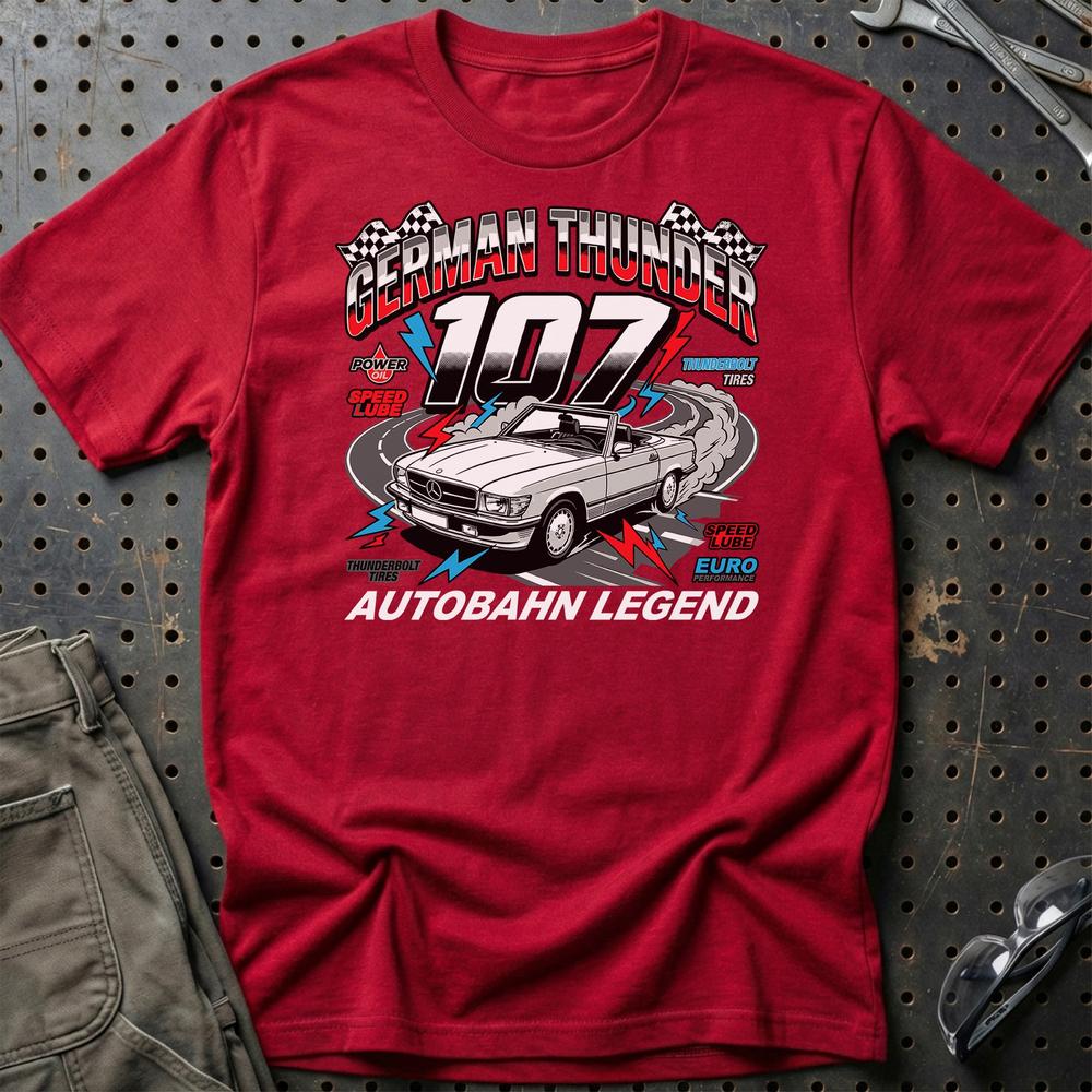 Mercedes 107 German Thunder Autobahn Legend T-Shirt-Beklædning-Mercedes-Rød-S-Garage Culture Shop- garage - man cave - merchandise