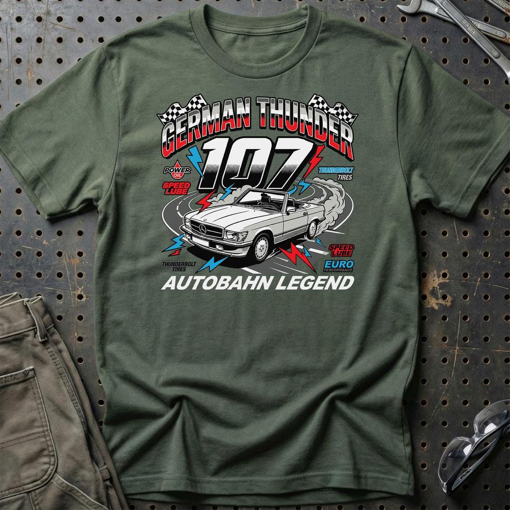 Mercedes 107 German Thunder Autobahn Legend T-Shirt-Beklædning-Mercedes-Grøn Militær-S-Garage Culture Shop- garage - man cave - merchandise