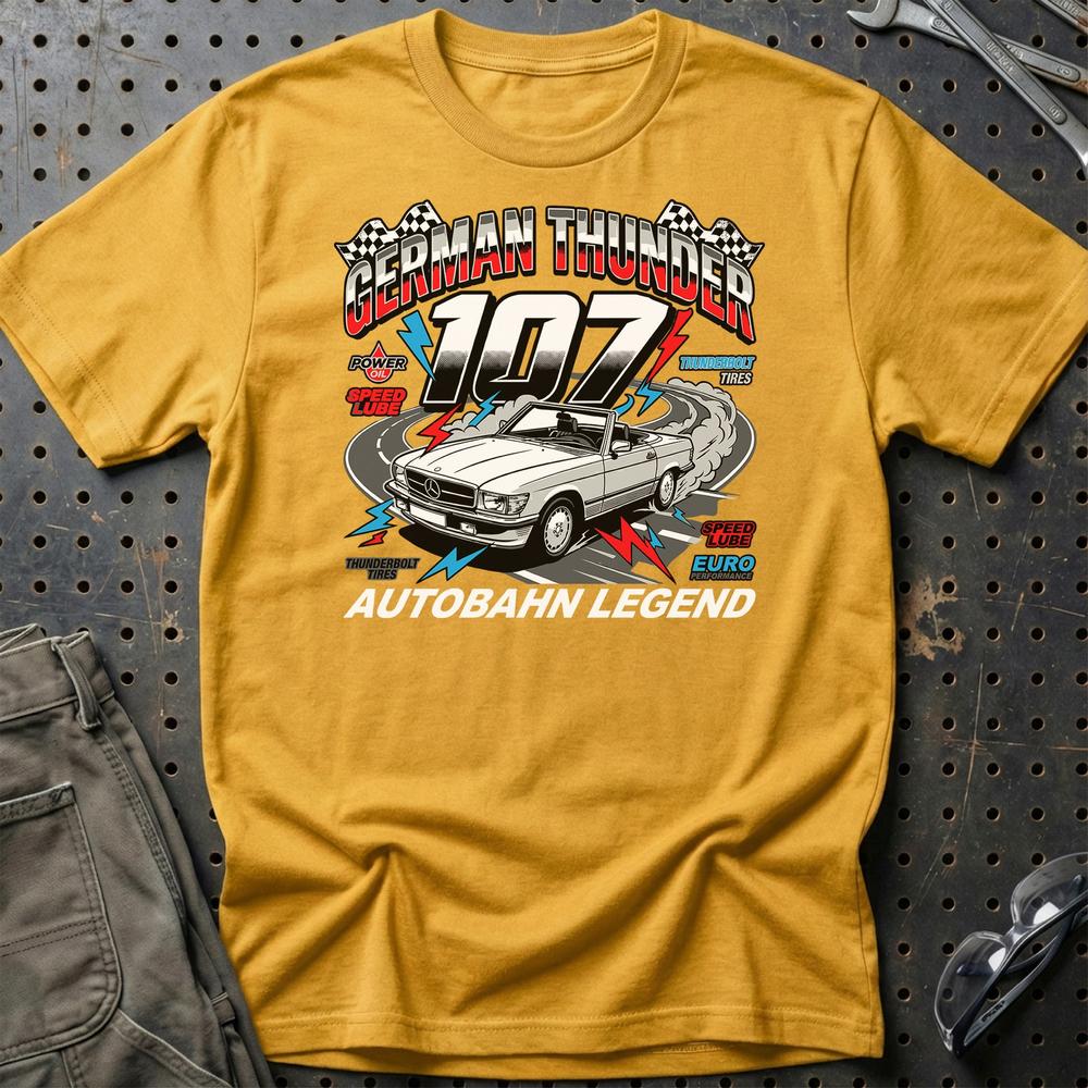 Mercedes 107 German Thunder Autobahn Legend T-Shirt-Beklædning-Mercedes-Guld-S-Garage Culture Shop- garage - man cave - merchandise