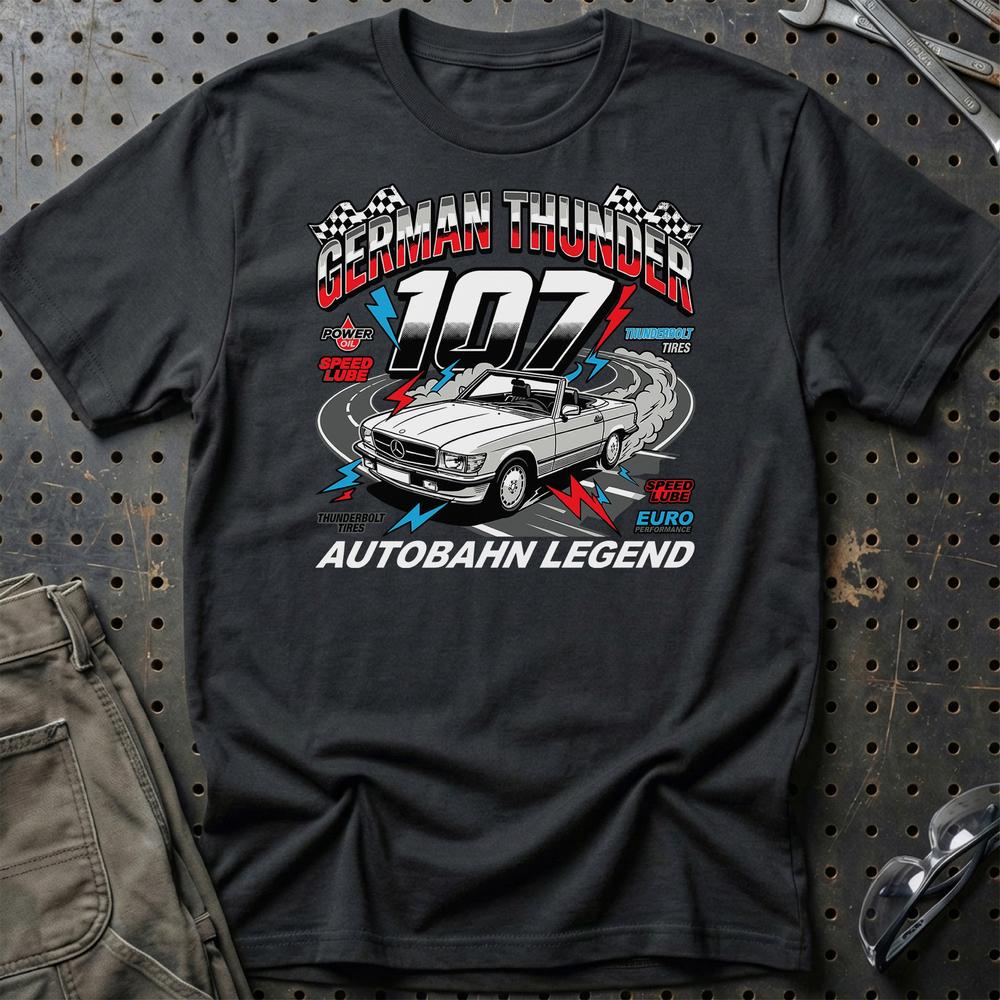 Mercedes 107 German Thunder Autobahn Legend T-Shirt-Beklædning-Mercedes-Sort-S-Garage Culture Shop- garage - man cave - merchandise