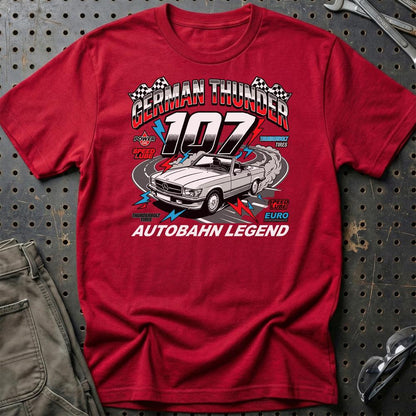Mercedes 107 German Thunder Autobahn Legend - Unisex T-Shirt-Beklædning-Mercedes-Rød-S-Garage Culture Shop- garage - man cave - merchandise