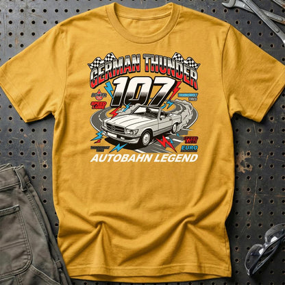 Mercedes 107 German Thunder Autobahn Legend - Unisex T-Shirt-Beklædning-Mercedes-Guld-S-Garage Culture Shop- garage - man cave - merchandise