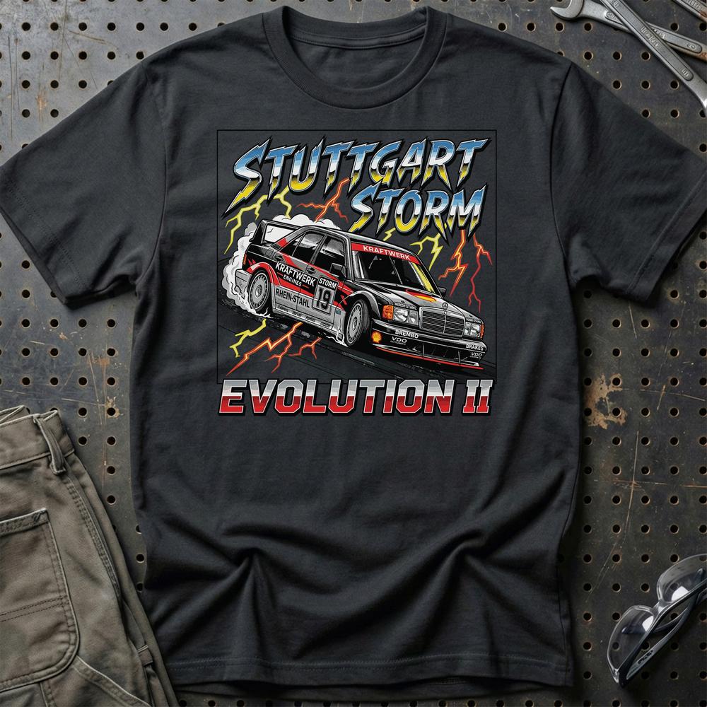 Mercedes 190E Evolution II T-Shirt - Stuttgart Storm T-Shirt-Beklædning-Mercedes-Sort-S-Garage Culture Shop- garage - man cave - merchandise