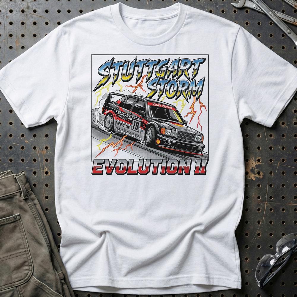 Mercedes 190E Evolution II T-Shirt - Stuttgart Storm T-Shirt-Beklædning-Mercedes-Hvid-S-Garage Culture Shop- garage - man cave - merchandise