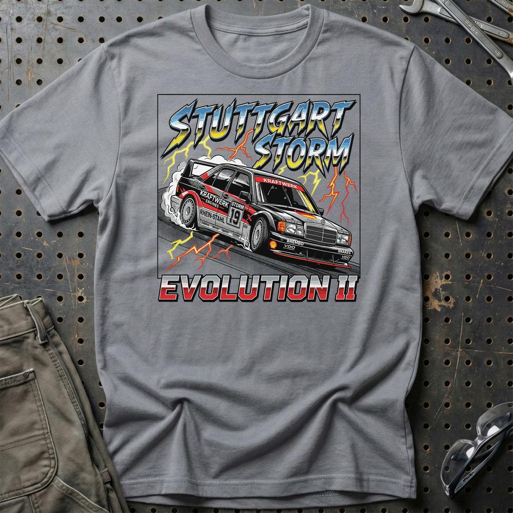 Mercedes 190E Evolution II T-Shirt - Stuttgart Storm T-Shirt-Beklædning-Mercedes-Grå Sport-S-Garage Culture Shop- garage - man cave - merchandise