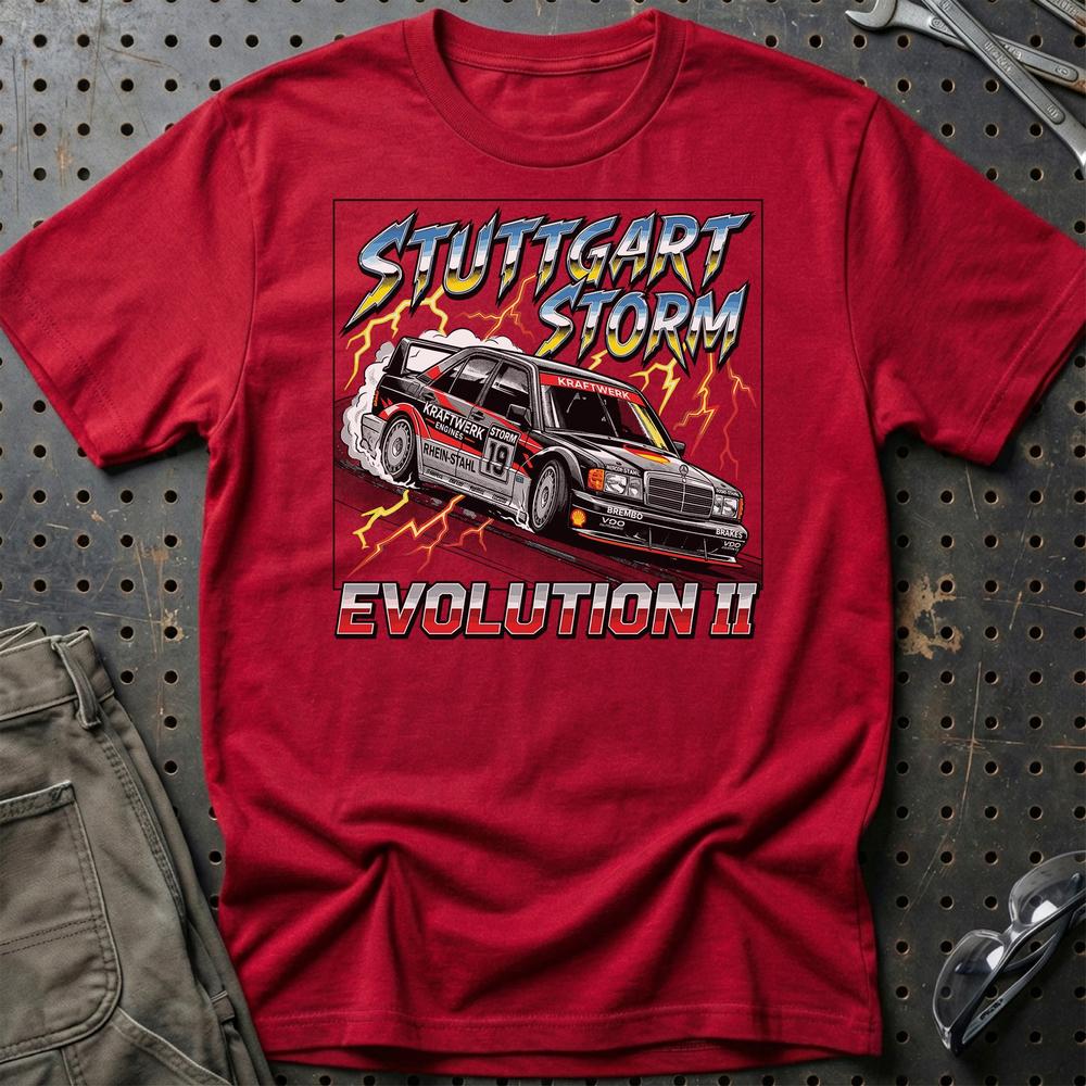 Mercedes 190E Evolution II T-Shirt - Stuttgart Storm T-Shirt-Beklædning-Mercedes-Rød-S-Garage Culture Shop- garage - man cave - merchandise
