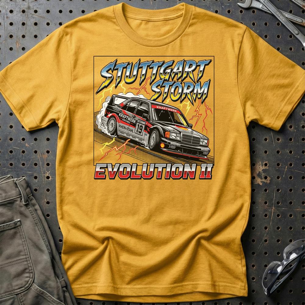 Mercedes 190E Evolution II T-Shirt - Stuttgart Storm T-Shirt-Beklædning-Mercedes-Guld-S-Garage Culture Shop- garage - man cave - merchandise