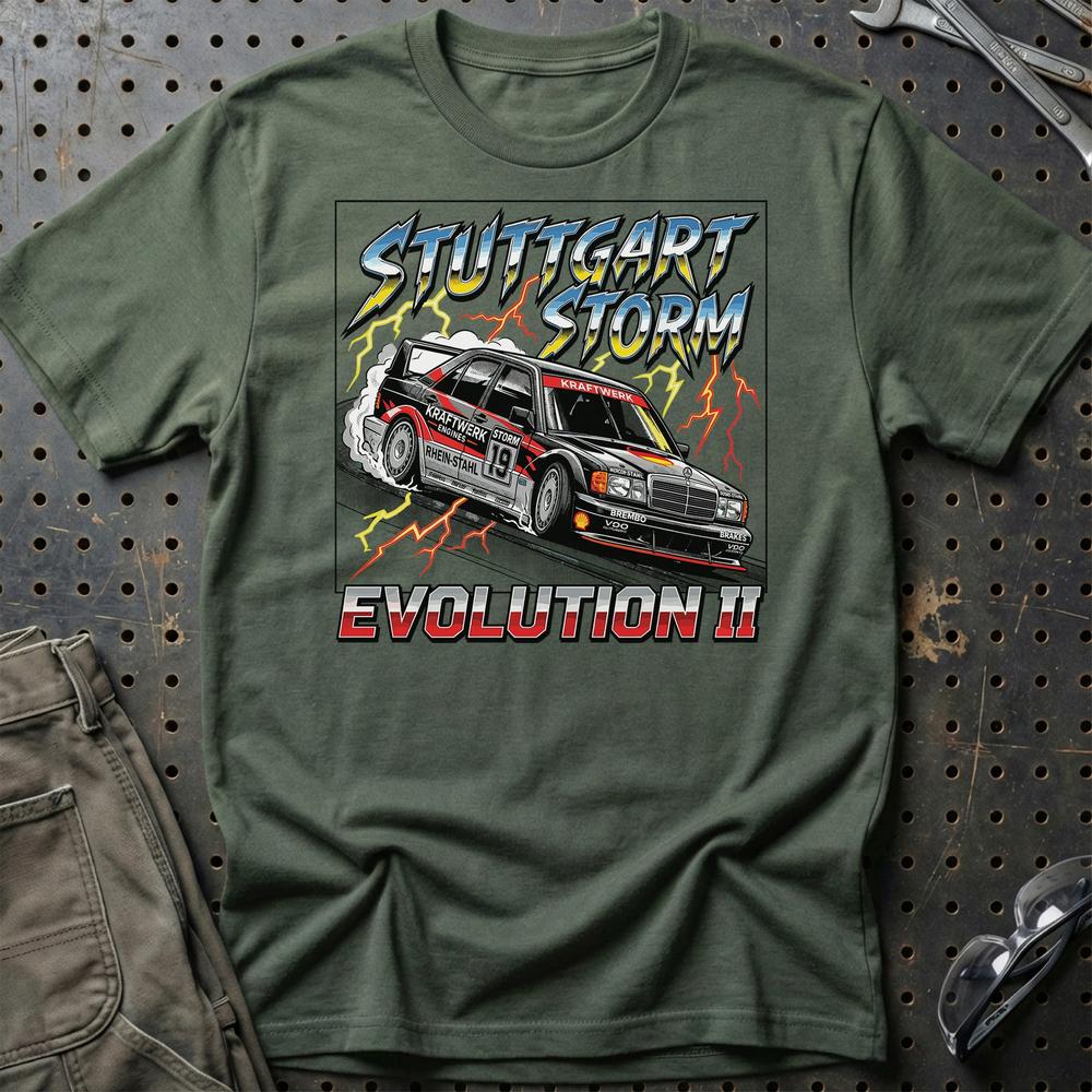 Mercedes 190E Evolution II T-Shirt - Stuttgart Storm T-Shirt-Beklædning-Mercedes-Grøn Militær-S-Garage Culture Shop- garage - man cave - merchandise