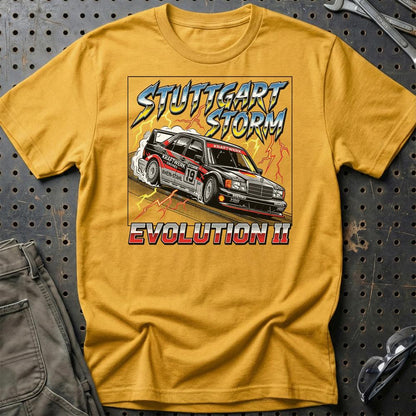 Mercedes 190E Evolution II T-Shirt – Stuttgart Storm - Unisex T-Shirt-Beklædning-Mercedes-Guld-S-Garage Culture Shop- garage - man cave - merchandise