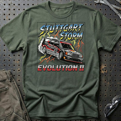Mercedes 190E Evolution II T-Shirt – Stuttgart Storm - Unisex T-Shirt-Beklædning-Mercedes-Grøn Militær-S-Garage Culture Shop- garage - man cave - merchandise