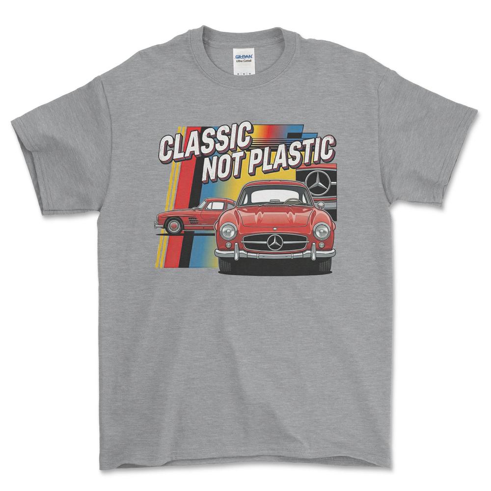 Mercedes 300SL Classic Not Plastic T-Shirt-Beklædning-Mercedes-Grå Sport-S-Garage Culture Shop- garage - man cave - merchandise