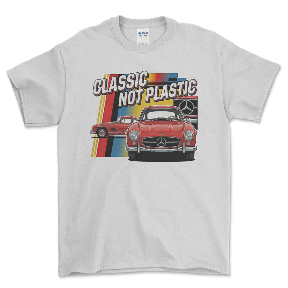 Mercedes 300SL Classic Not Plastic - Unisex T-Shirt-Beklædning-Mercedes-Hvid-S-Forside-Garage Culture Shop- garage - man cave - merchandise