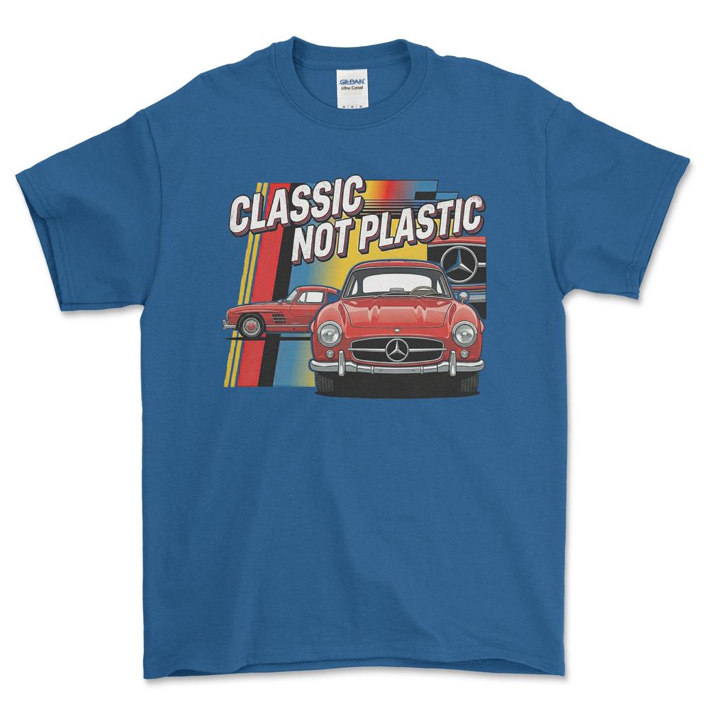 Mercedes 300SL Classic Not Plastic - Unisex T-Shirt-Beklædning-Mercedes-Blå Royal-S-Forside-Garage Culture Shop- garage - man cave - merchandise