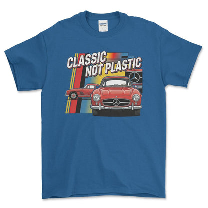 Mercedes 300SL Classic Not Plastic - Unisex T-Shirt-Beklædning-Mercedes-Blå Royal-S-Forside-Garage Culture Shop- garage - man cave - merchandise