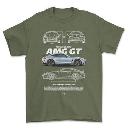 Mercedes AMG GT - Unisex T-Shirt , Bomuld-Beklædning-Mercedes-Grøn Militær-S-Forside-Garage Culture Shop- garage - man cave - merchandise