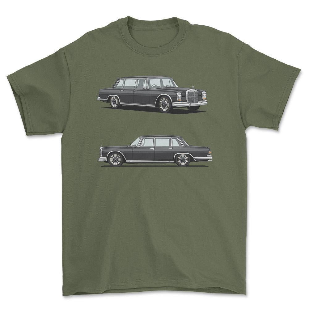 Mercedes-Benz 600 Saloon 1970 T-Shirt-Beklædning-Mercedes-Grøn Militær-S-Garage Culture Shop- garage - man cave - merchandise