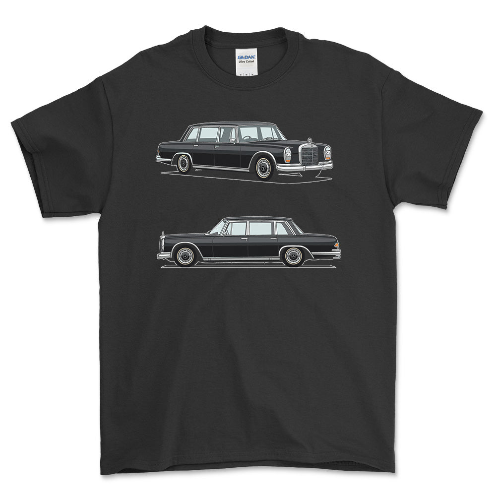 Mercedes-Benz 600 Saloon 1970 T-Shirt-Beklædning-Mercedes-Sort-S-Garage Culture Shop- garage - man cave - merchandise