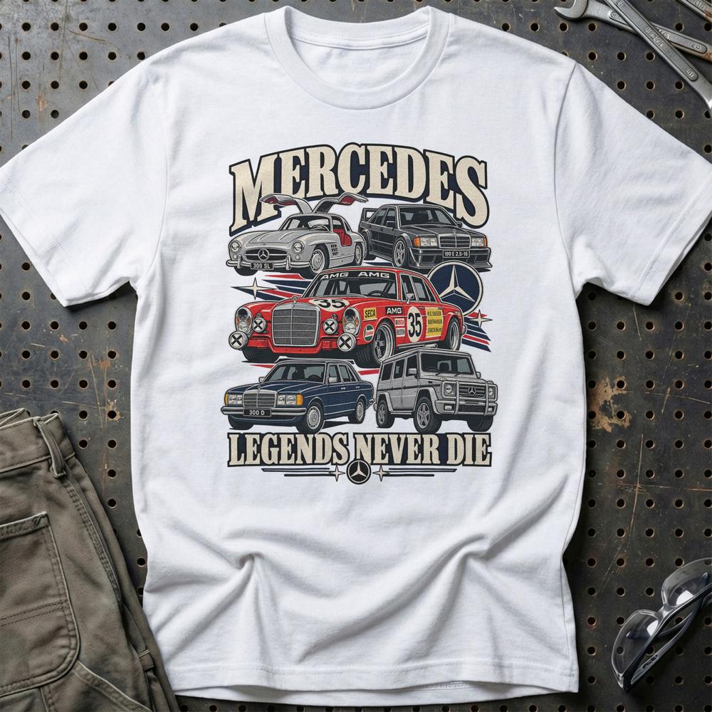 Mercedes-Benz Legends Never Die T-Shirt-Beklædning-Mercedes-Hvid-S-Garage Culture Shop- garage - man cave - merchandise