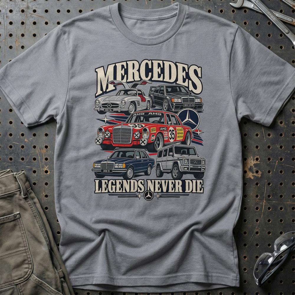 Mercedes-Benz Legends Never Die T-Shirt-Beklædning-Mercedes-Grå Sport-S-Garage Culture Shop- garage - man cave - merchandise