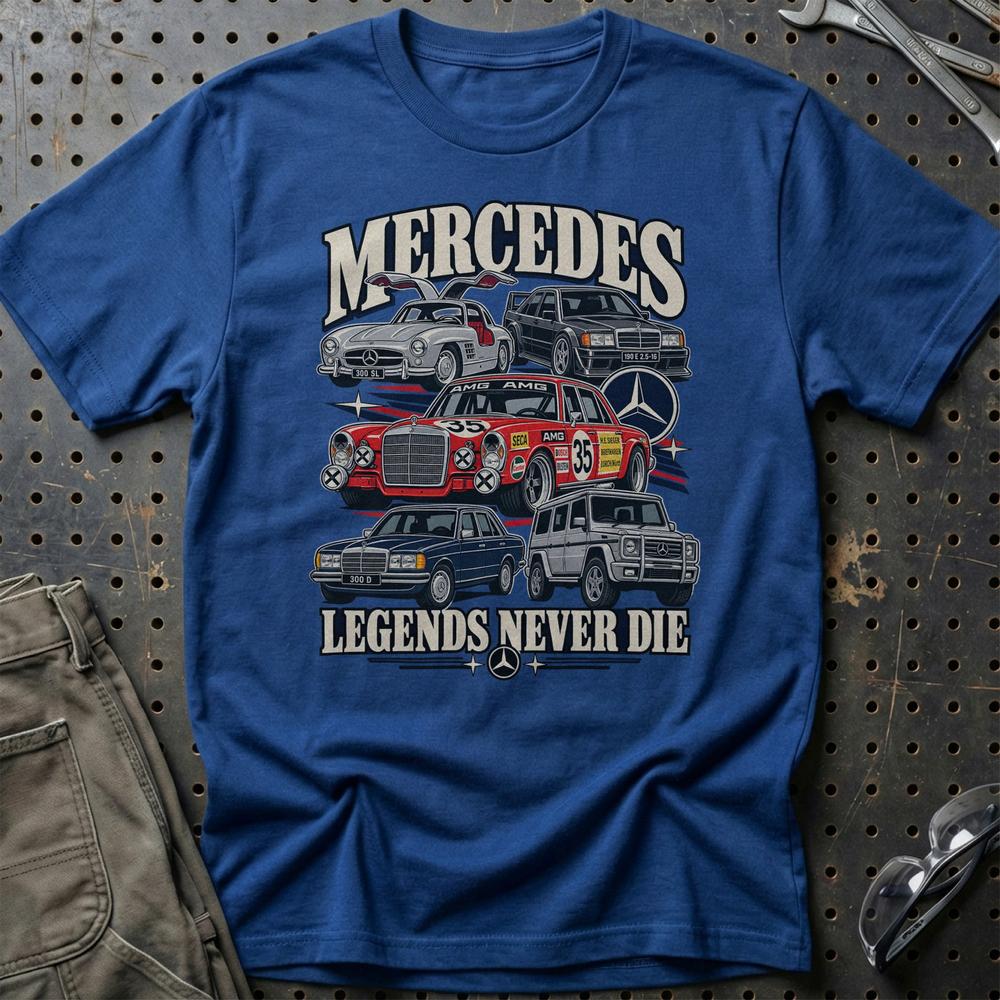 Mercedes-Benz Legends Never Die T-Shirt-Beklædning-Mercedes-Blå Royal-S-Garage Culture Shop- garage - man cave - merchandise