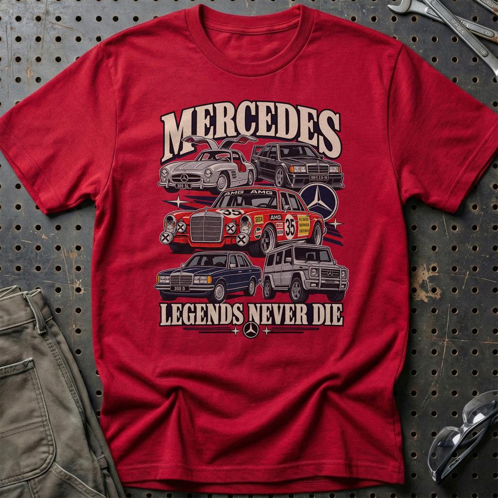 Mercedes-Benz Legends Never Die T-Shirt-Beklædning-Mercedes-Rød-S-Garage Culture Shop- garage - man cave - merchandise